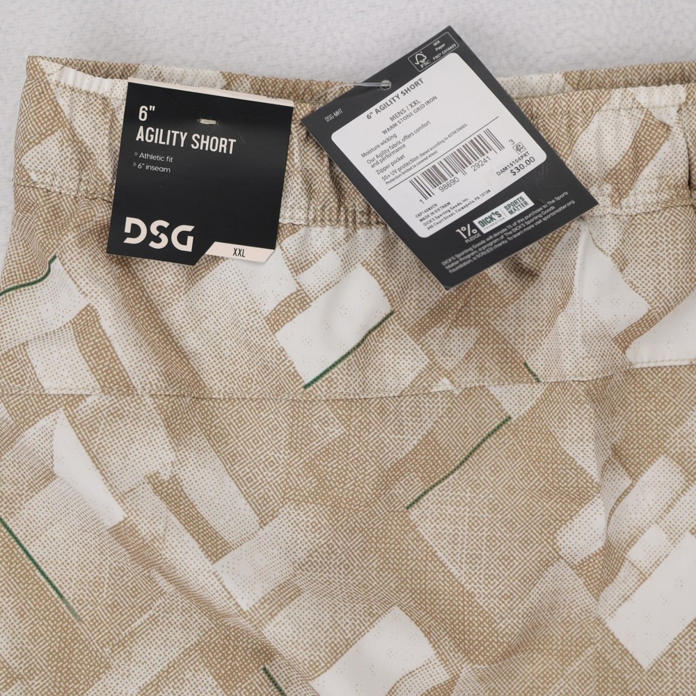 DSG Mens 6" Agility Short XXL Warm Stone Grid Iron Tan Geometric Athletic NWT
